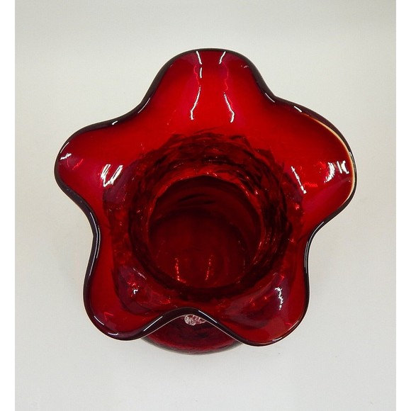 Kanawha Ruby Red Crackle Blown Glass Vase Applied Clear Rigaree Scroll - Picture 5 of 10